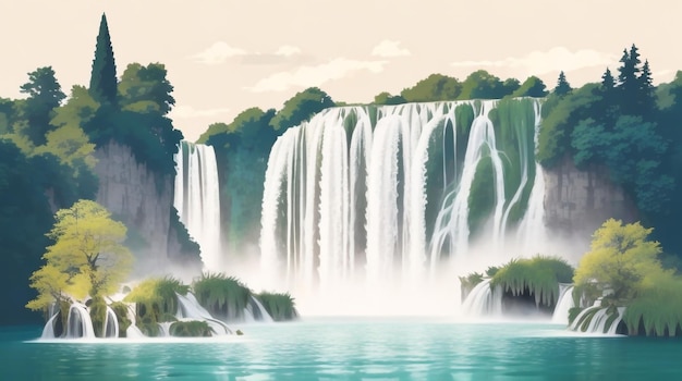 Exotic Waterfall and Lake Landscape