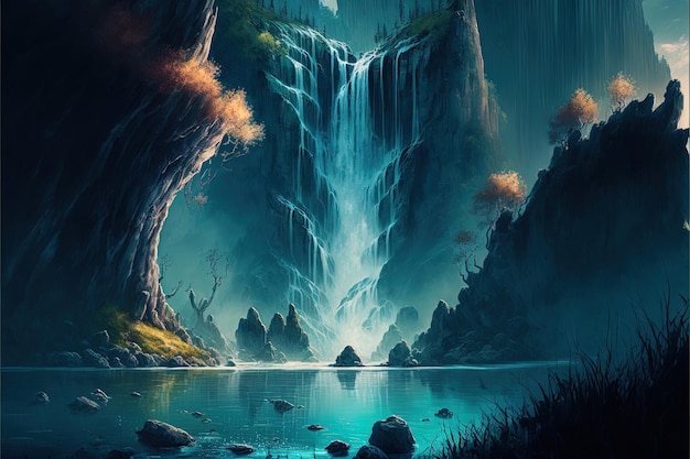 Exotic waterfall and lake panorama landscape of Plitvice Lakes Digital illustration AI