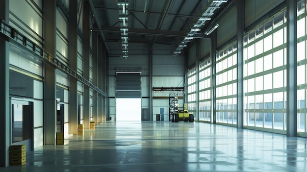 An expansive bright industrial warehouse with high ceilings and large windows allowing plenty of natural light to flood the interior