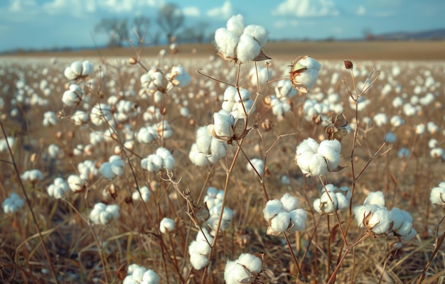 Expansive Cotton Field Under a Bright Sky with White Cotton Bolls Ready for Harvest Showcasing Agricultural Abundance and Rural Charm