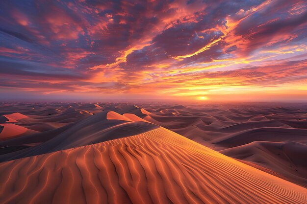 Expansive Desert Landscape with Undulating Sand Dunes Under Dramatic Skies