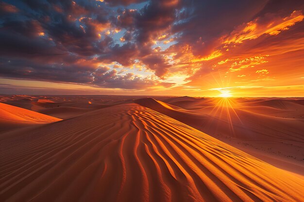 Expansive Desert Landscape with Undulating Sand Dunes Under Dramatic Skies