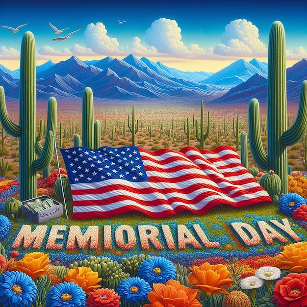 Expansive desert stars and stripes Memorial Day spelled in cacti and flowers