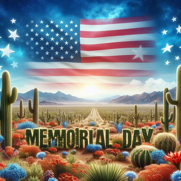 Expansive desert stars and stripes Memorial Day spelled in cacti and flowers