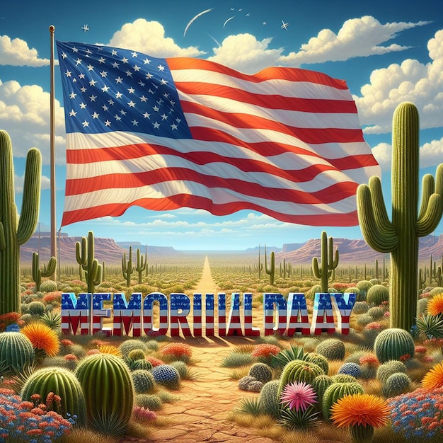 Expansive desert stars and stripes Memorial Day spelled in cacti and flowers