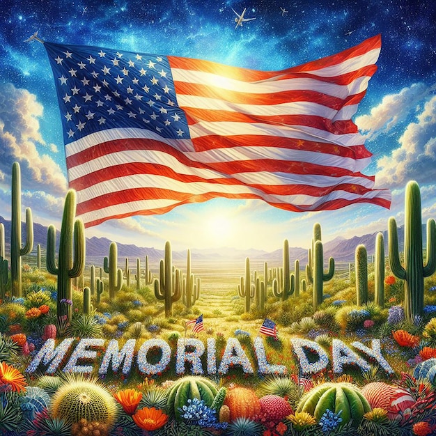 Expansive desert stars and stripes Memorial Day spelled in cacti and flowers