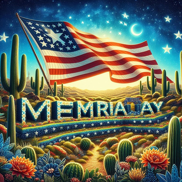 Expansive desert stars and stripes Memorial Day spelled in cacti and flowers