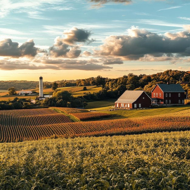 Photo expansive farmland with distant farmhouse