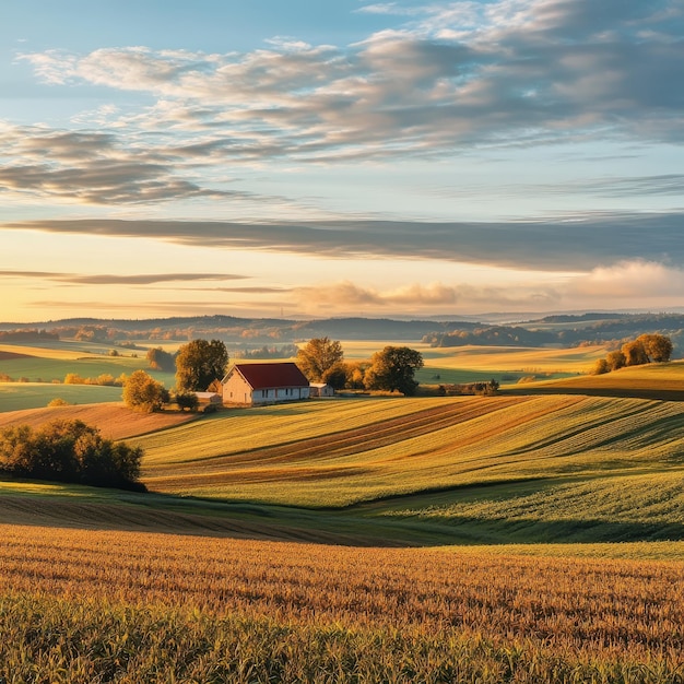 Photo expansive farmland with distant farmhouse