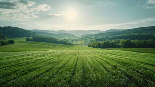 Photo expansive green fields under a clear morning sky with distant hills and a small village