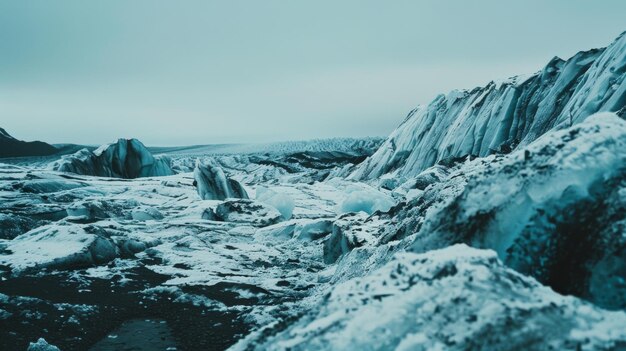 Photo expansive icy landscape featuring rugged glaciers deep blue ice and vast desolate terrain under a cloudy sky