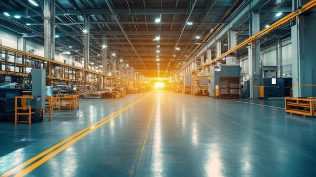 Expansive Industrial Warehouse with Bright Lighting and Shelving