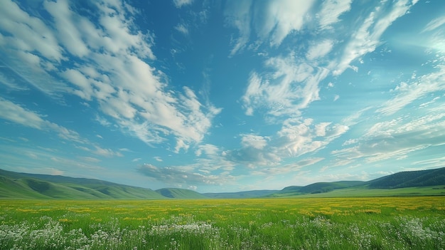 Photo expansive meadow under a blue sky with white clouds