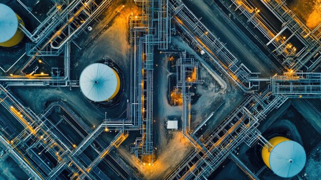 Expansive natural gas infrastructure seen from above with copy space in the sky