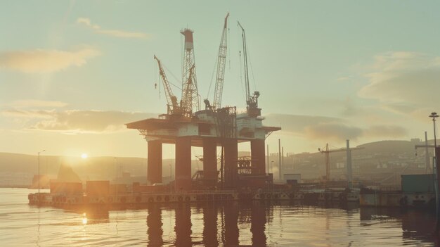 Photo an expansive offshore oil rig on a calm sea with a bright clear sky representing energy extraction and marine engineering