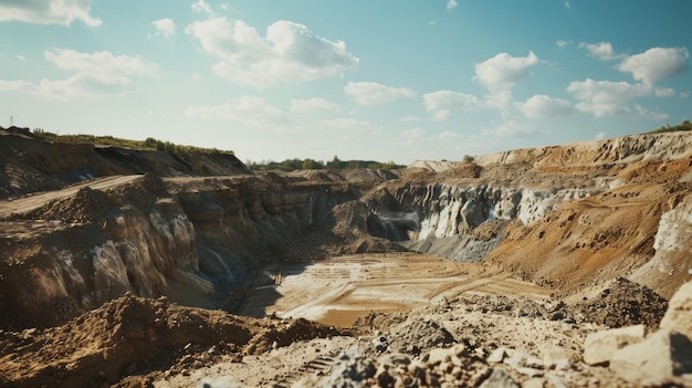 Photo expansive quarry under blue skies showcasing manmade earthy grandeur