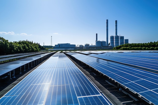 Photo expansive solar farm with rows of photovoltaic panels generating renewable electricity