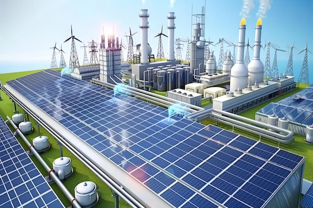 Expansive solar farm with wind turbines and industrial buildings illustrating the comprehensive int