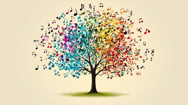 Expansive tree with colorful musical notes spanning branches