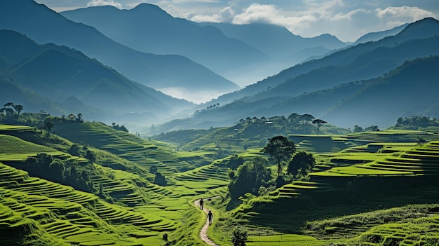 An expansive and verdant rice field as seen from above