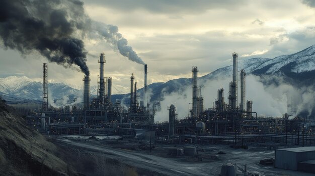 Expansive view of a gas refinery surrounded by natural landscapes with room for text