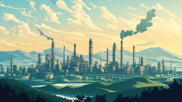 Expansive view of a gas refinery surrounded by natural landscapes with room for text