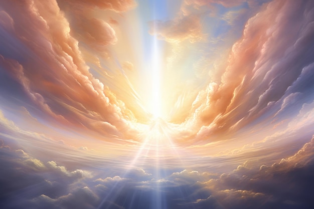 Expansive View of Heavenly Realm Angelic Clouds Brilliant Light