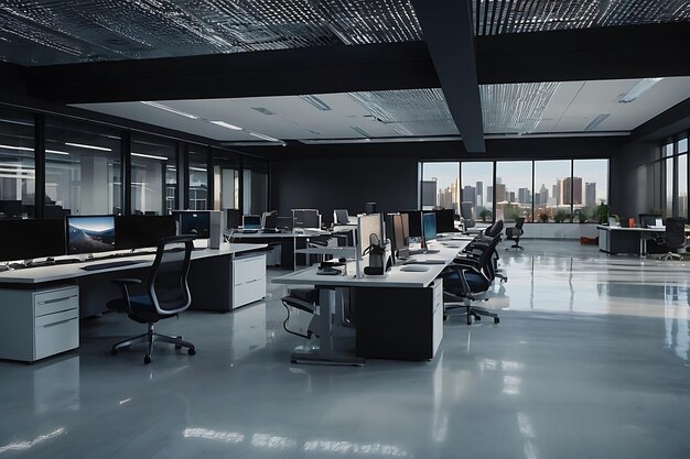 An expansive view of a hightech office floor with rows