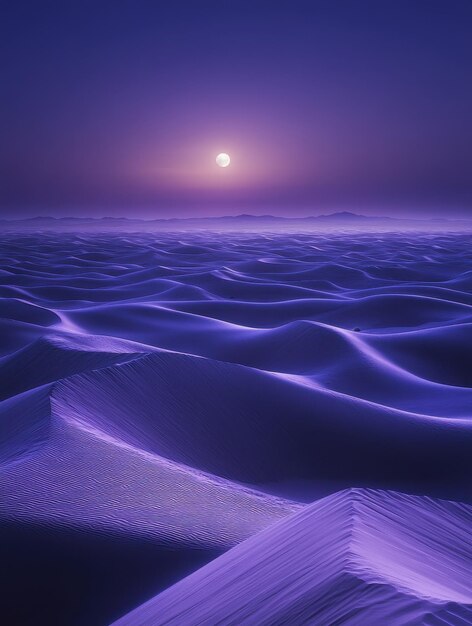 Photo expansive view of a mystical desert with shifting sand dunes glowing under the moonlight