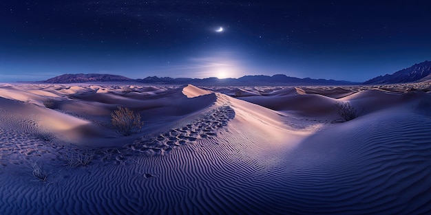 Expansive view of a mystical desert with shifting sand dunes glowing under the moonlight