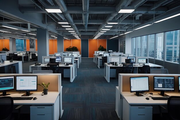 An expansive view of a techcentric office space with r