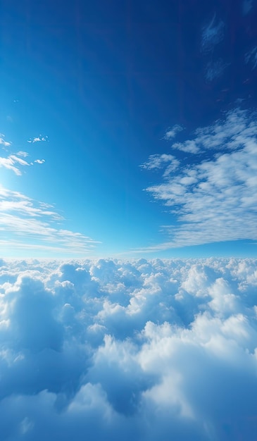 Expansive view above white fluffy clouds under a bright blue sky with sun glare Generate AI