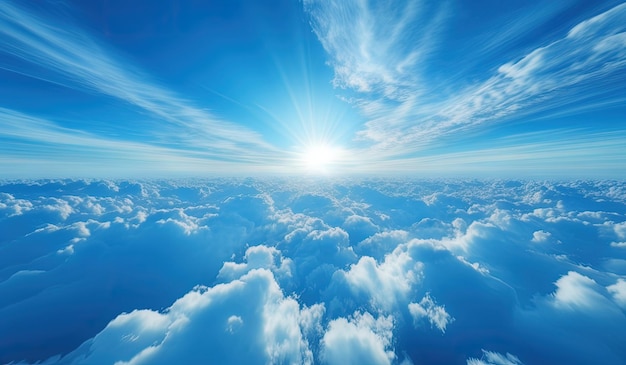 Expansive view above white fluffy clouds under a bright blue sky with sun glare Generate AI