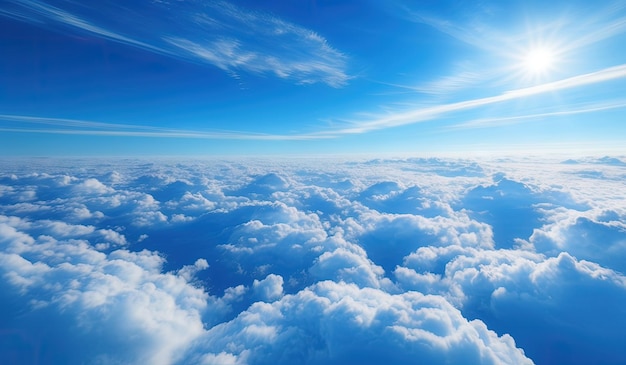 Expansive view above white fluffy clouds under a bright blue sky with sun glare Generate AI