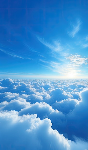 Expansive view above white fluffy clouds under a bright blue sky with sun glare Generate AI