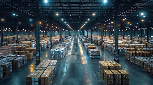 Expansive warehouse interior filled with neatly stacked boxes showcasing industrial lighting and a clean organized environment