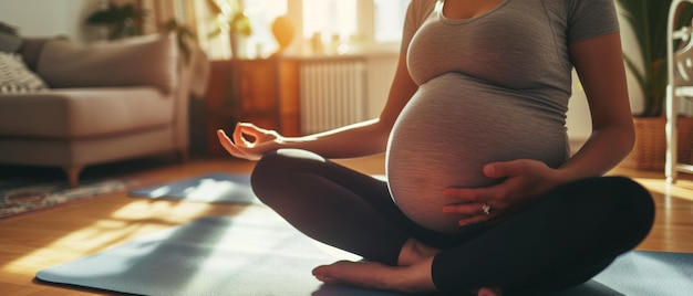 Expectant mother practices prenatal yoga finding peace and preparing for motherhood in a serene home environment