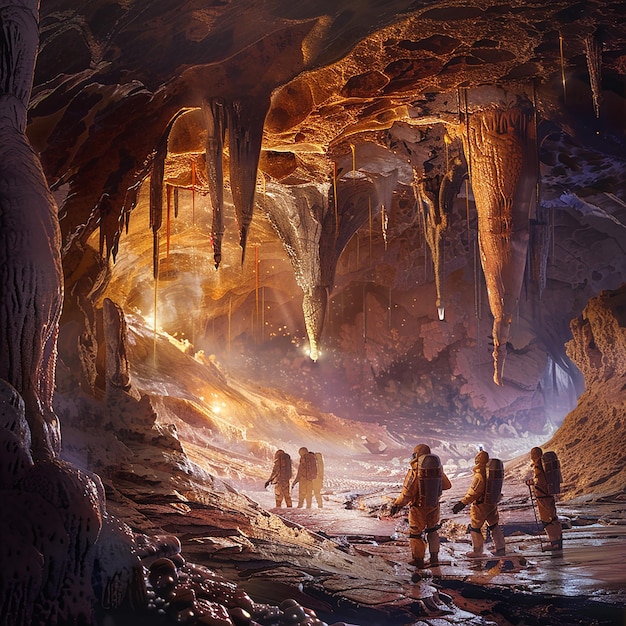 An expedition group standing at the entrance to a cave system