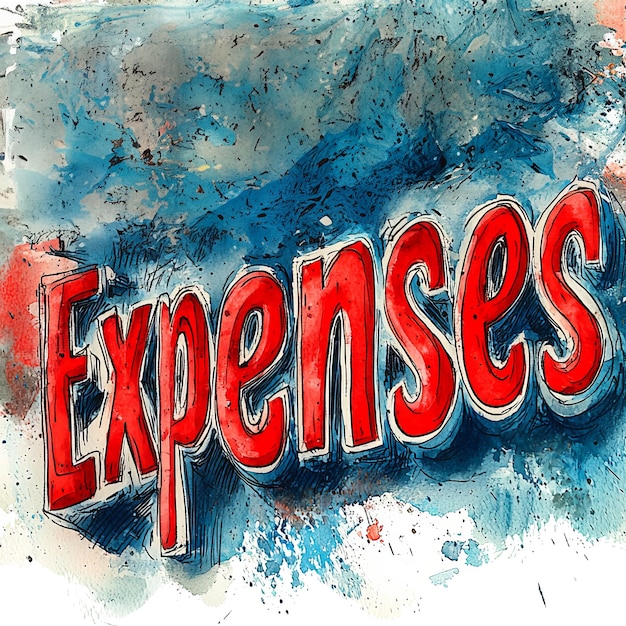 Expenses in red with artistic background of blue and red splashes around