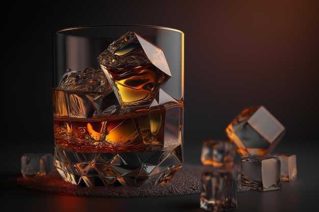 Expensive alcoholic drink in glass with ice cubes on table closeup Generative AI