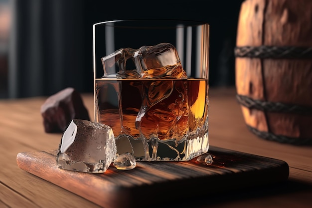 Expensive luxury alcoholic drink in glass with ice cubes standing on wooden platform on table near barrel closeup Generative AI