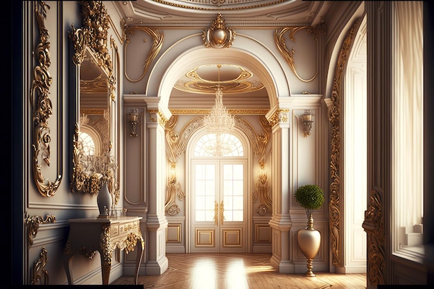 Expensive luxury home with gold trim in baroque interior created with generative ai