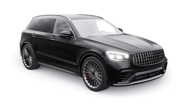 An expensive ultrafast sports SUV car for exciting driving in the city on the highway and on the race track 3D model of a black car on a white isolated background 3d rendering