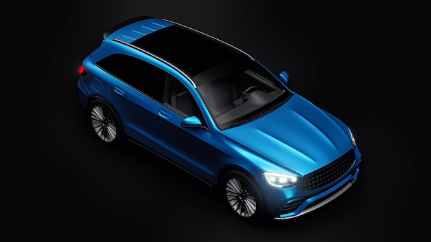 An expensive ultrafast sports SUV car for exciting driving in the city on the highway and on the race track 3D model of a blue car on a black isolated background 3d rendering