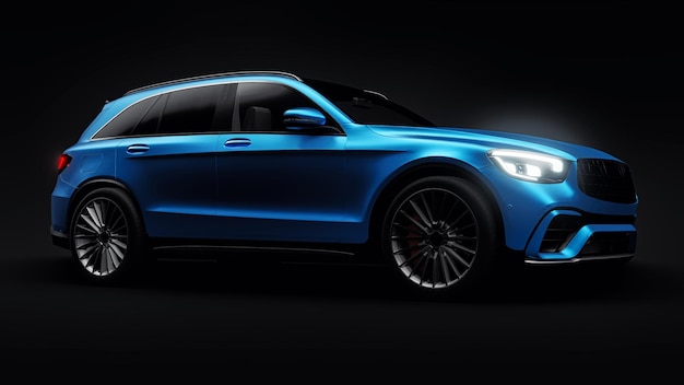 An expensive ultrafast sports SUV car for exciting driving in the city on the highway and on the race track 3D model of a blue car on a black isolated background 3d rendering