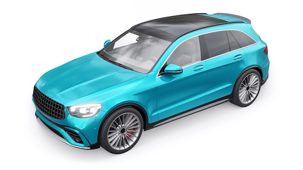 An expensive ultrafast sports SUV car for exciting driving in the city on the highway and on the race track 3D model of a blue car on a white isolated background 3d rendering