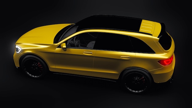 An expensive ultrafast sports SUV car for exciting driving in the city on the highway and on the race track 3D model of a gold car on a black isolated background 3d rendering