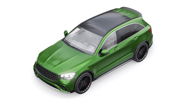 An expensive ultrafast sports SUV car for exciting driving in the city on the highway and on the race track 3D model of a green car on a white isolated background 3d rendering