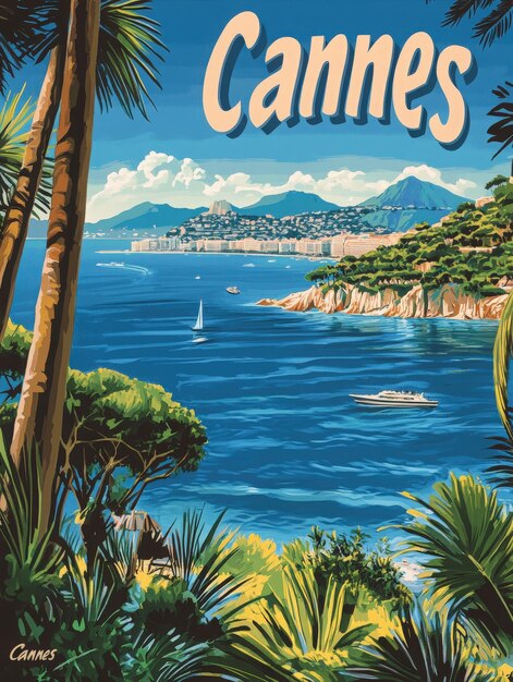 Photo experience the allure of cannes through a classic retro travel poster highlighting the sparkling blue waters lush greenery and distant mountains of this glamorous french destination