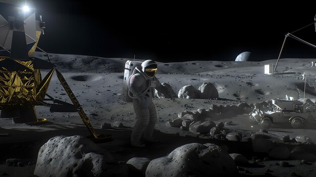 Photo experience the aweinspiring sight of a moon base set against the rugged lunar terrain with astronauts exploring in lunar rovers and a breathtaking view of earth in the distance